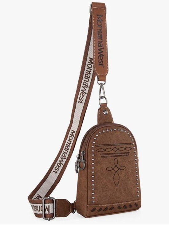 Montana West Handbags - Montana West Western Crossbody Sling Bag Brown Tooled Studded Longhorn Skull NWT